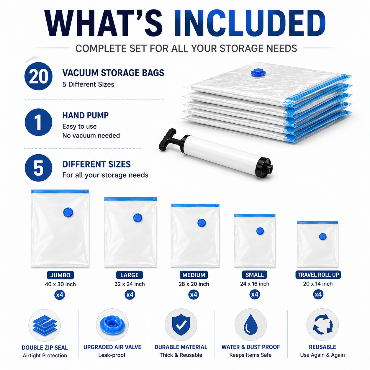 Vacuum Storage Bags with Hand Pump – 20 Pack Space Saver Storage Set