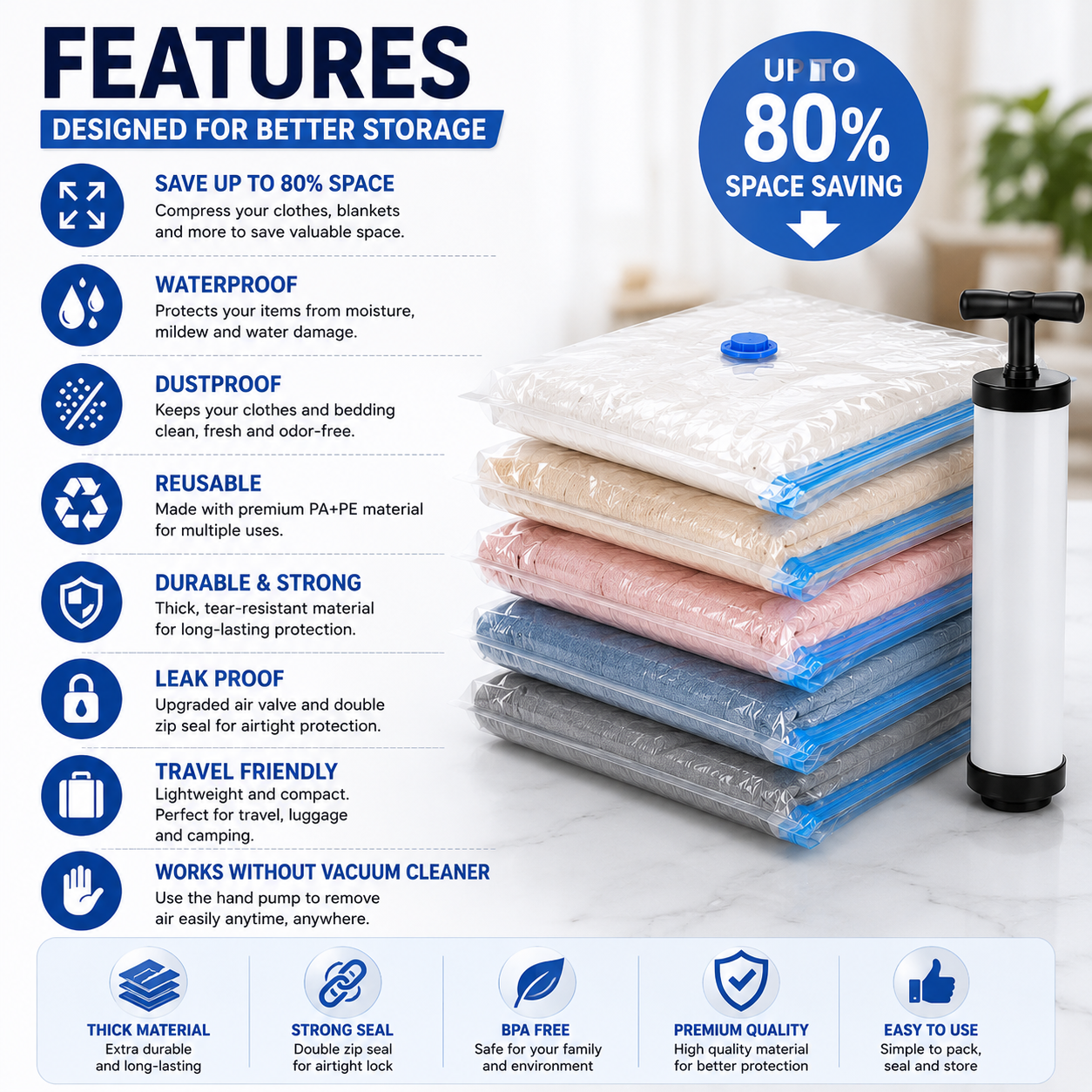 Vacuum Storage Bags with Hand Pump – 20 Pack Space Saver Storage Set